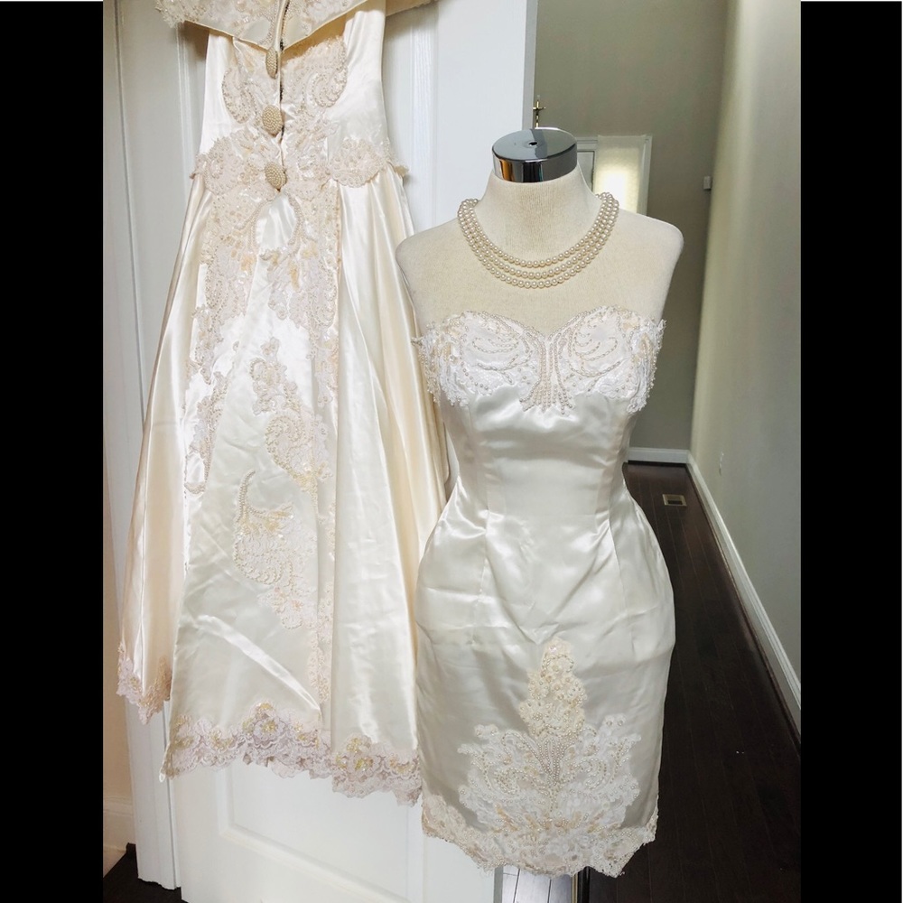 STUNNING EMBELLISHED CUSTOM VINTAGE WEDDING DRESS SET/POUCH/SIZE XS - Picture 5 of 16